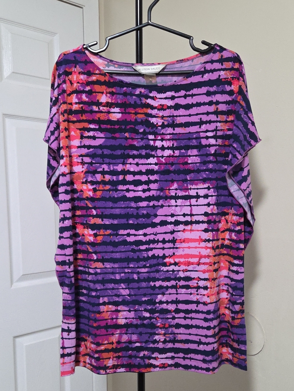 Allison Daley Purple & Pink Striped Floral Short Sleeve Top